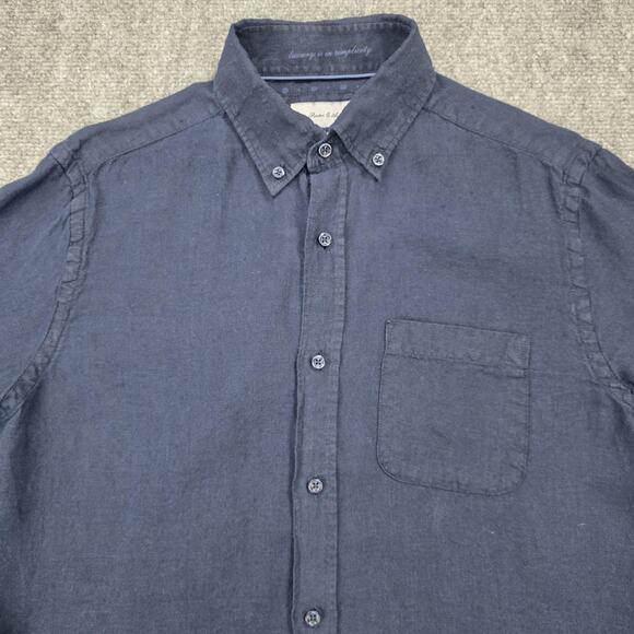 Porter & Ash Shirt Mens Small Navy Blue Linen Button Down Long Sleeve Casual - Picture 9 of 16